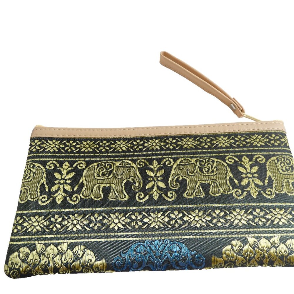 Black Blue & Gold Coin Purse Makeup Bag Pouch Thailand Elephants NWOT